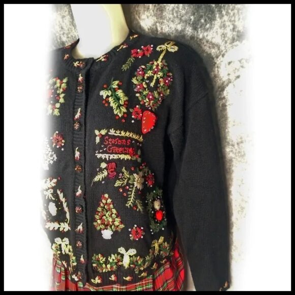 Black Christmas Sweater Lavish Ornate NOT UGLY Holiday Tiara Vintage - Picture 5 of 15